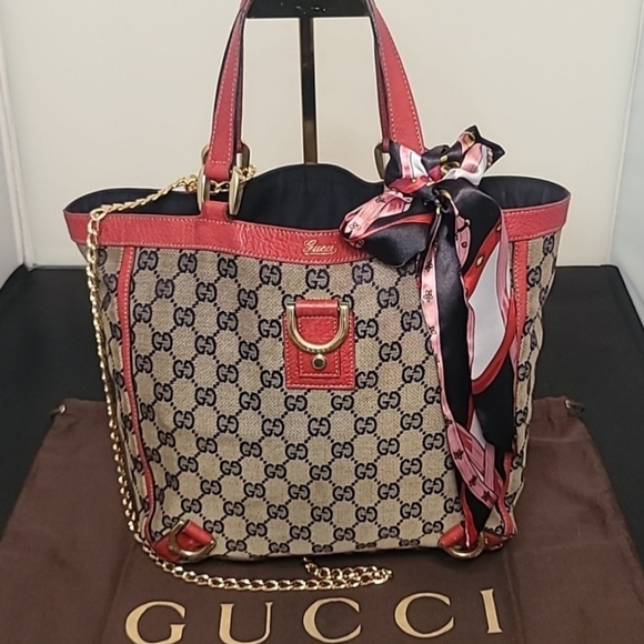 GUCCI VINTAGE 90'S ABBEY TAN CANVAS W NAVY GG DIAMANTE, RED LEATHER/GOLD HRDWR - Picture 1 of 14